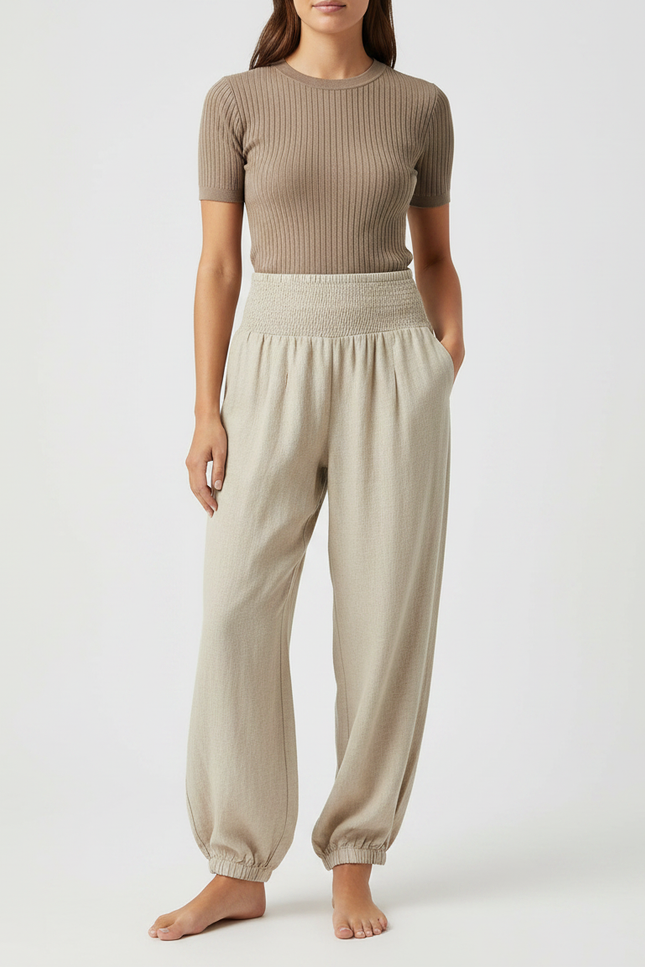 Pantalon Parachute Beige Ample Fluide Smocké Femme - Lin