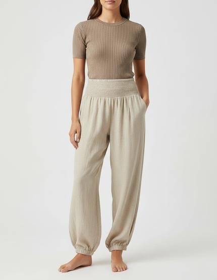 Pantalon Parachute Beige Ample Fluide Smocké Femme - Lin