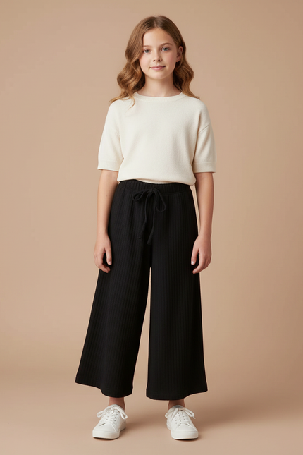 Pantalon Parachute Noir Côtelé Ample Décontracté Fille - Cordé