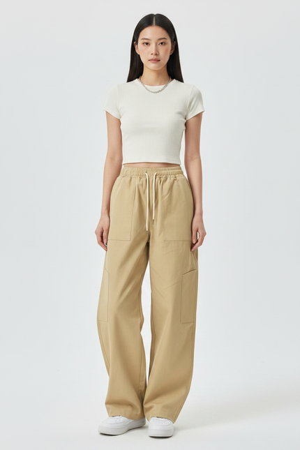 Pantalon Parachute Beige Cargo Ample Cordon Décontracté - Toile