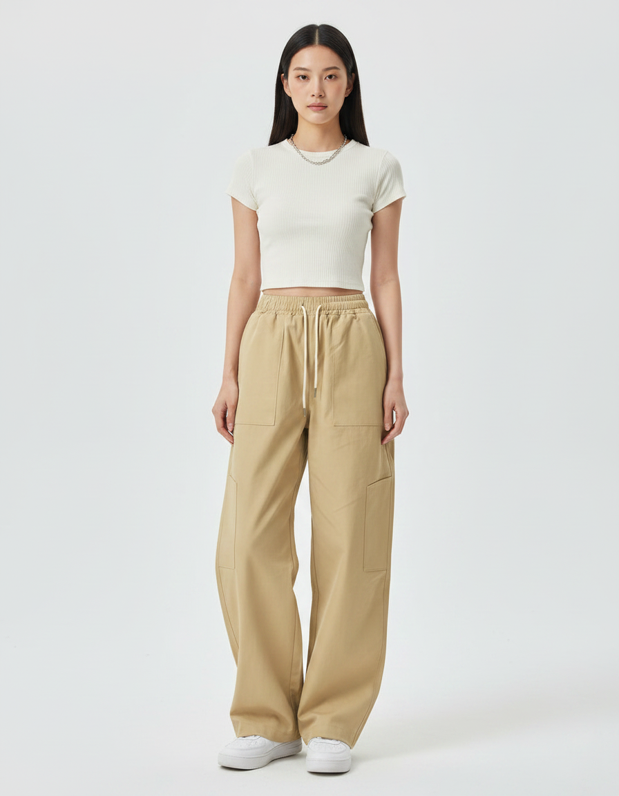 Pantalon Parachute Beige Cargo Ample Cordon Décontracté - Toile