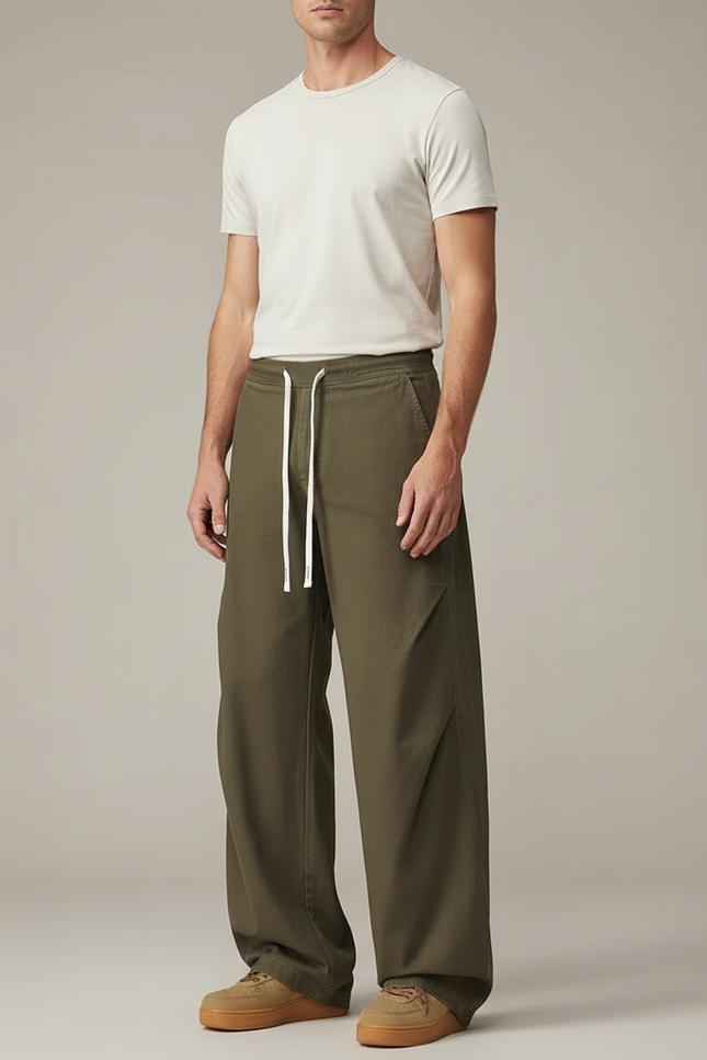 Pantalon Parachute Kaki Ample Cordon Coton Homme