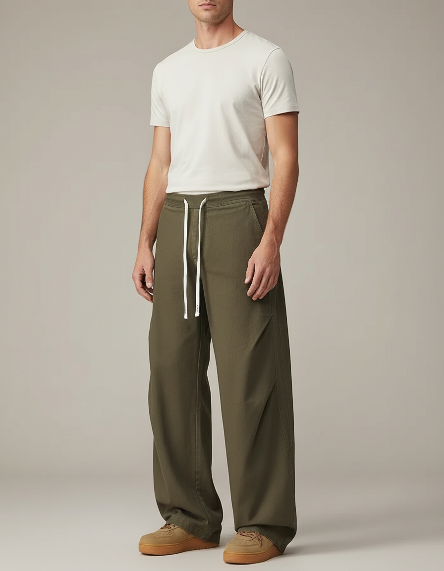 Pantalon Parachute Kaki Ample Cordon Coton Homme