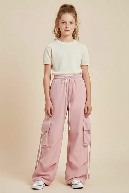 Pantalon Parachute Rose Cargo Ample Confortable Fille - Molleton