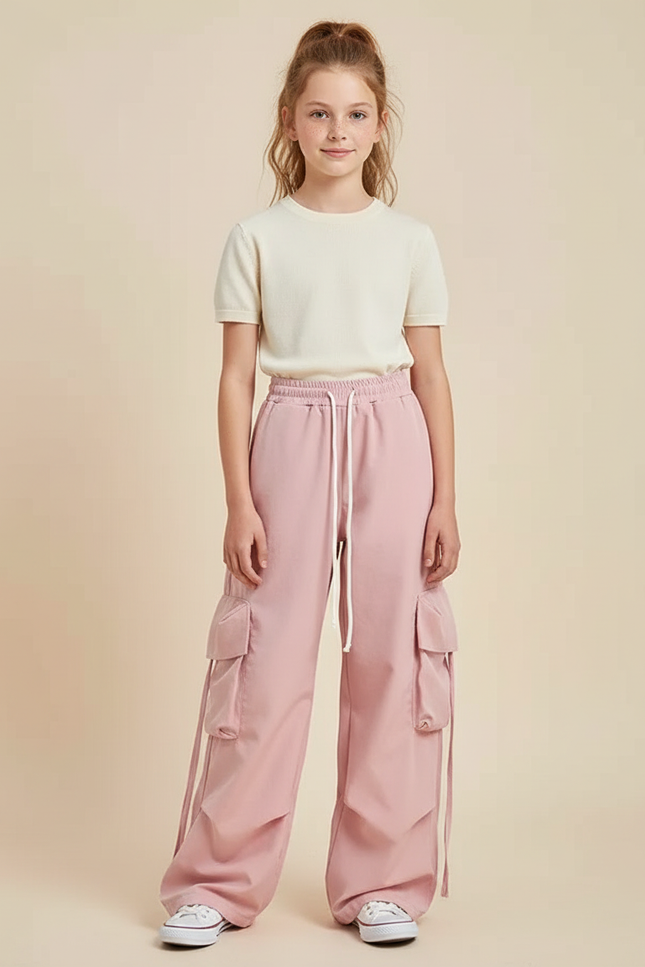 Pantalon Parachute Rose Cargo Ample Confortable Fille - Molleton