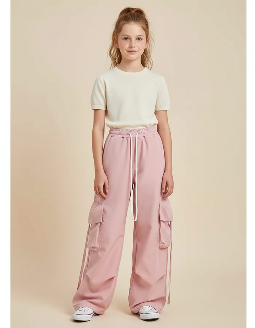 Pantalon Parachute Rose Cargo Ample Confortable Fille - Molleton