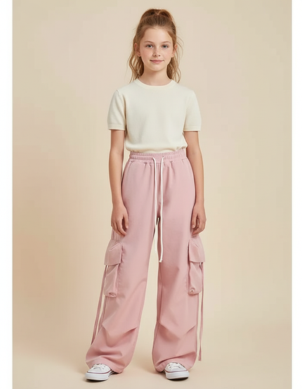 Pantalon Parachute Rose Cargo Ample Confortable Fille - Molleton