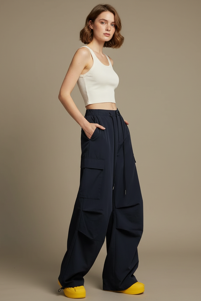 Pantalon Parachute Bleu Marine Ample Cargo Sportif - Polyester