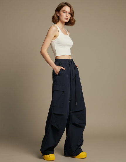 Pantalon Parachute Bleu Marine Ample Cargo Sportif - Polyester
