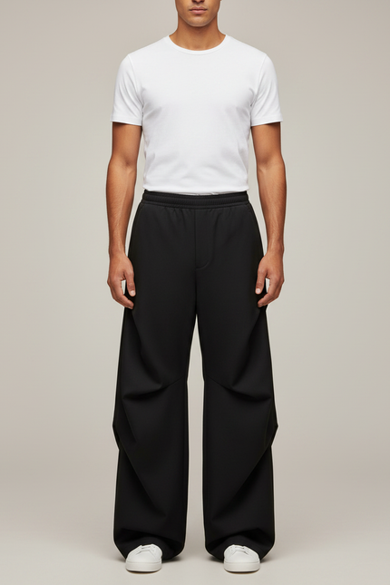 Pantalon Parachute Noir Ample Plissé Décontracté Unisexe - Polyester