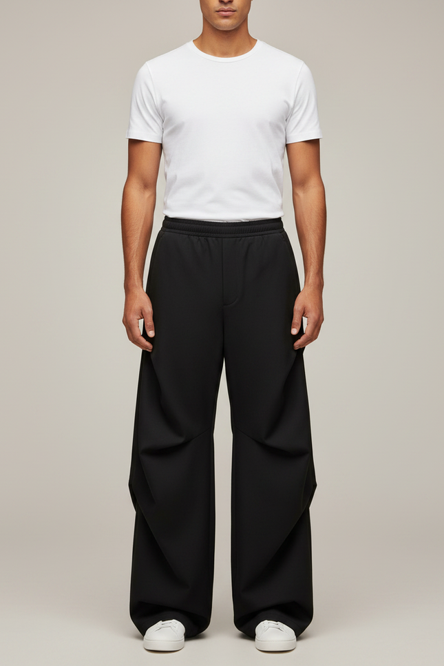 Pantalon Parachute Noir Ample Plissé Décontracté Unisexe - Polyester