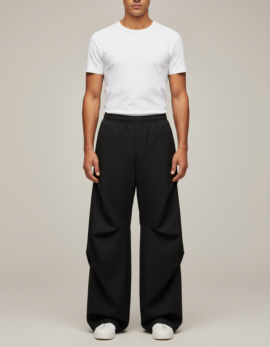 Pantalon Parachute Noir Ample Plissé Décontracté Unisexe - Polyester