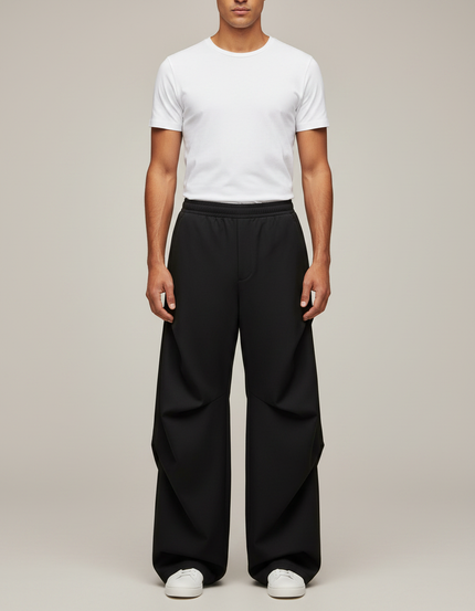 Pantalon Parachute Noir Ample Plissé Décontracté Unisexe - Polyester