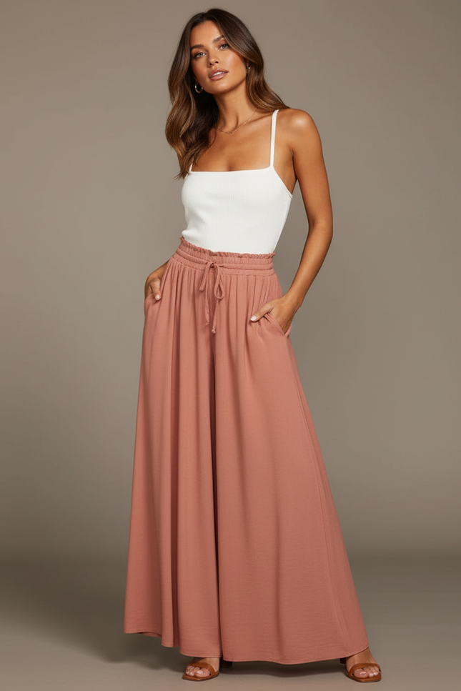 Pantalon Parachute Fluide Taille Haute Rose Pêche - Viscose