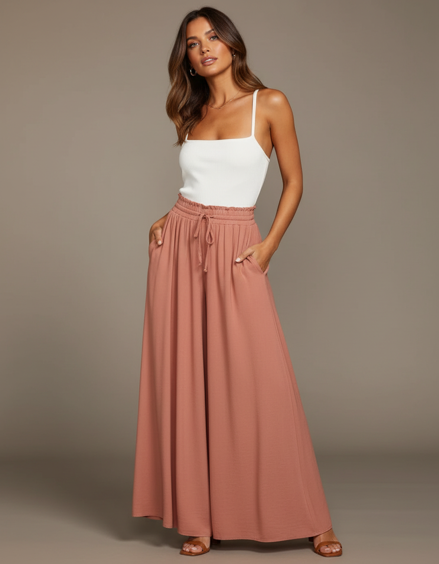 Pantalon Parachute Fluide Taille Haute Rose Pêche - Viscose