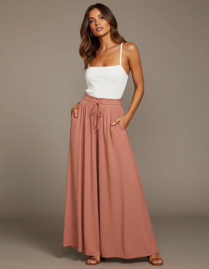 Pantalon Parachute Fluide Taille Haute Rose Pêche - Viscose