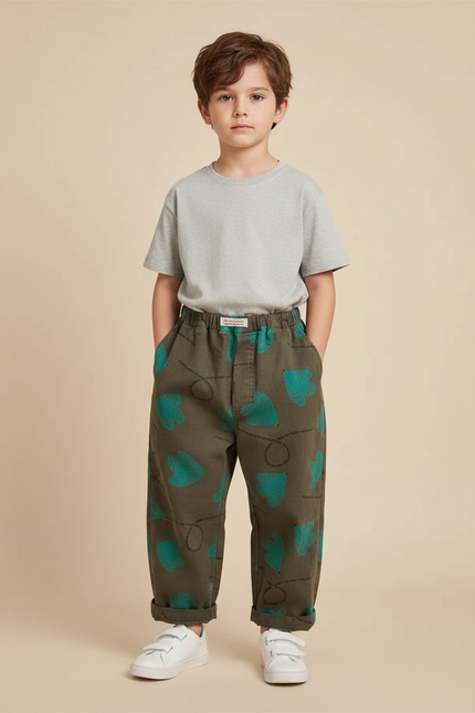 Pantalon Parachute Kaki Imprimé Cœurs Décontracté Garçon - Coton
