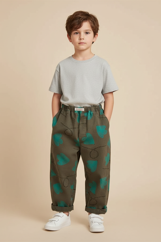 Pantalon Parachute Kaki Imprimé Cœurs Décontracté Garçon - Coton