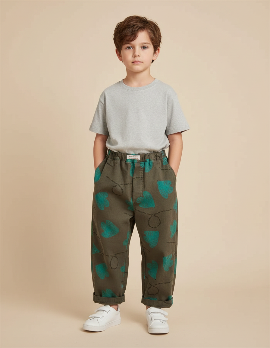 Pantalon Parachute Kaki Imprimé Cœurs Décontracté Garçon - Coton