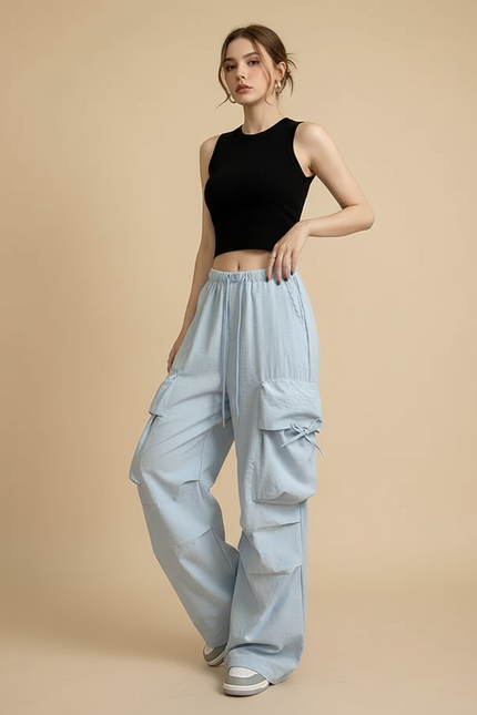 Pantalon Parachute Bleu Ciel Ample Cargo Décontracté Femme - Polyester