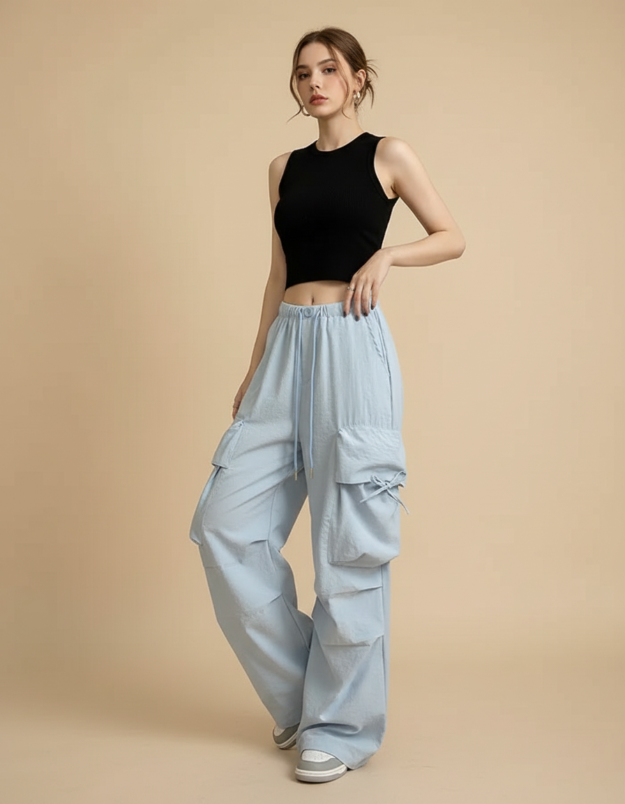 Pantalon Parachute Bleu Ciel Ample Cargo Décontracté Femme - Polyester