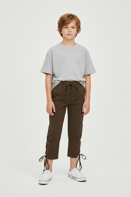 Pantalon Parachute Kaki Coton Ample Lacets Enfant