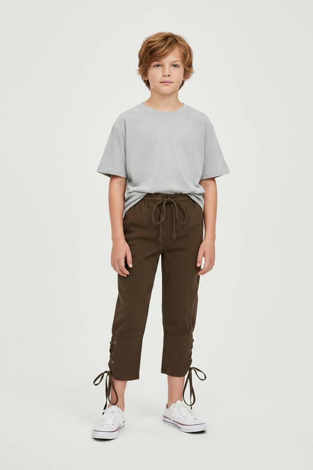 Pantalon Parachute Kaki Coton Ample Lacets Enfant