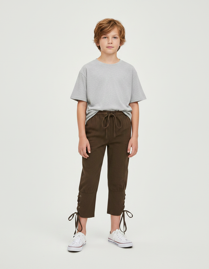Pantalon Parachute Kaki Coton Ample Lacets Enfant
