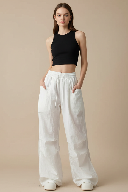 Pantalon Parachute Blanc Ample Fluide Cordon Streetwear - Polyester