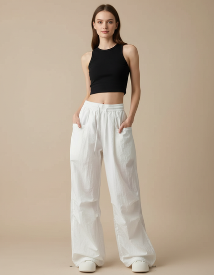 Pantalon Parachute Blanc Ample Fluide Cordon Streetwear - Polyester