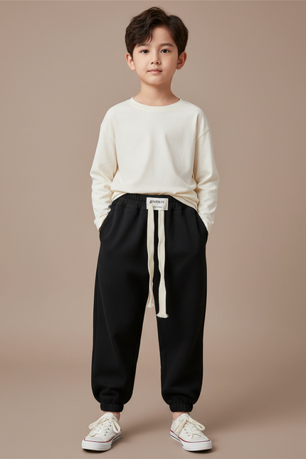 Pantalon Parachute Noir Ample Coton Enfant Sportif Cordon - Molleton