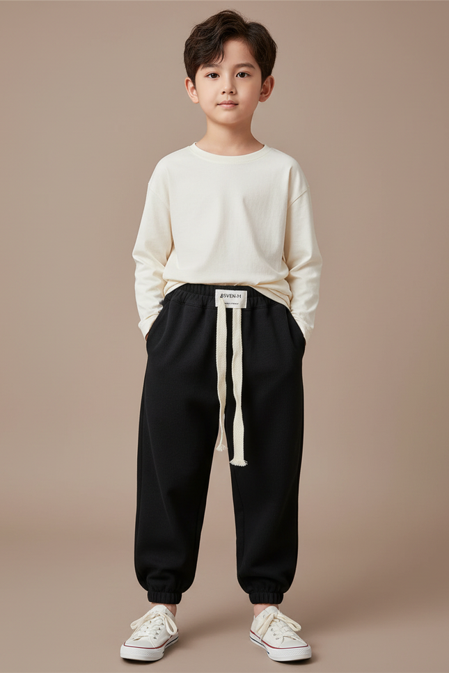 Pantalon Parachute Noir Ample Coton Enfant Sportif Cordon - Molleton