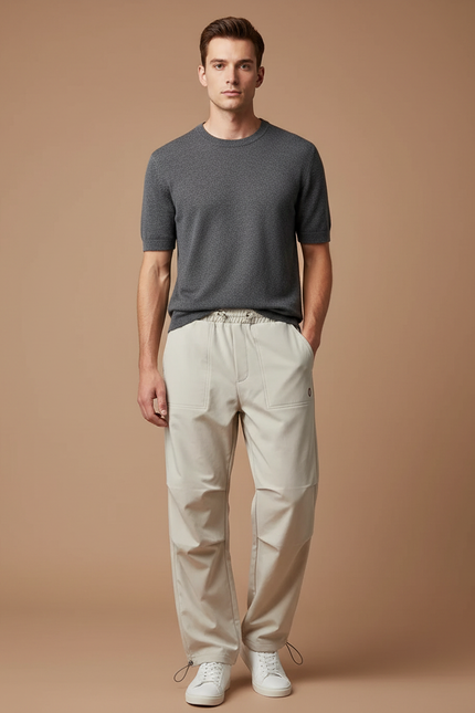 Pantalon Parachute Beige Ample Décontracté Cordon Homme - Polyester