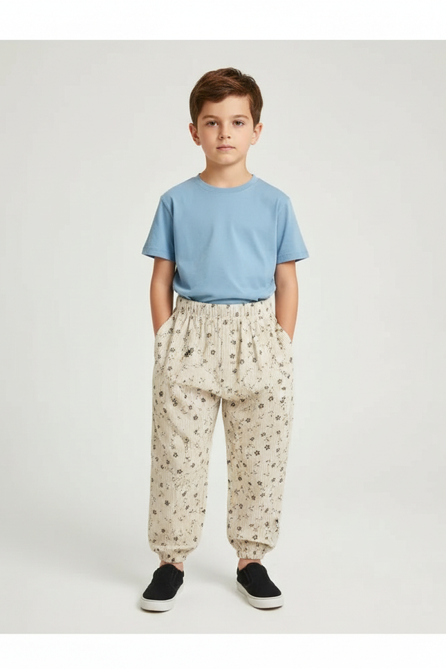 Pantalon Parachute Beige Côtelé Floral Ample Enfant - Cordé