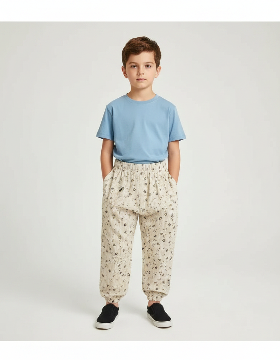 Pantalon Parachute Beige Côtelé Floral Ample Enfant - Cordé