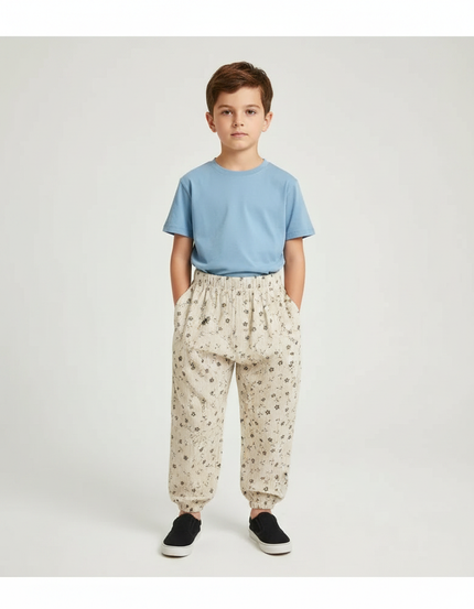 Pantalon Parachute Beige Côtelé Floral Ample Enfant - Cordé