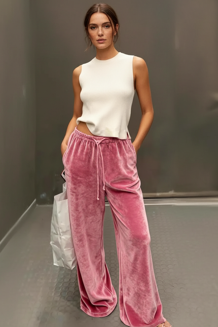 Pantalon Parachute Velours Rose Ample Décontracté Femme