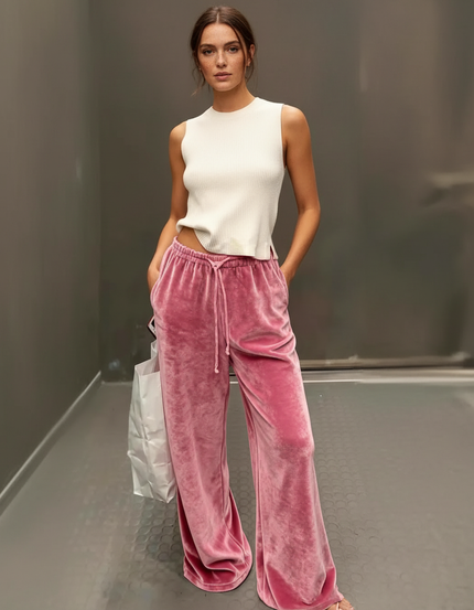 Pantalon Parachute Velours Rose Ample Décontracté Femme