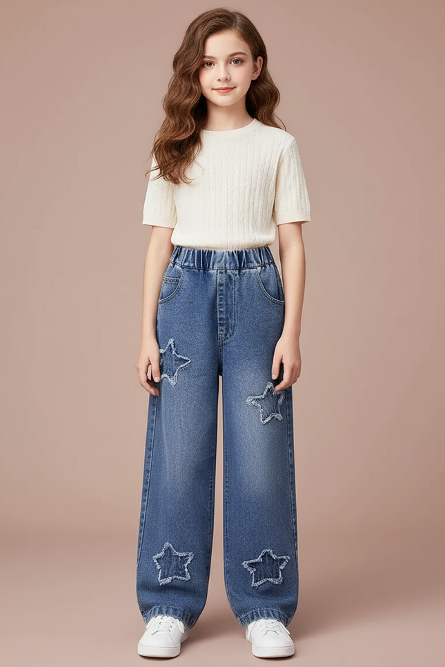 Pantalon Parachute Denim Étoiles Ample Enfant Bleu Décontracté - Jean