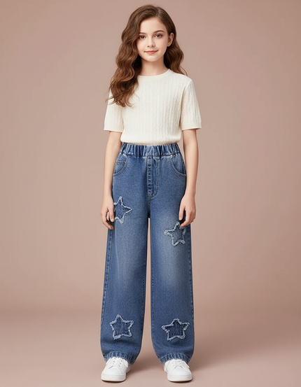 Pantalon Parachute Denim Étoiles Ample Enfant Bleu Décontracté - Jean
