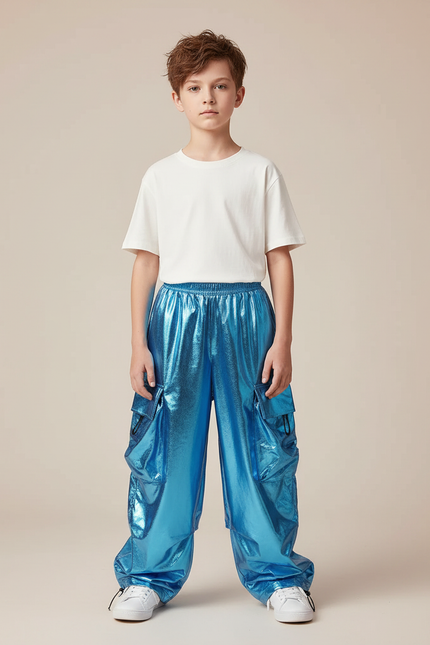 Pantalon Parachute Bleu Brillant Cargo Ample Enfant - Polyester