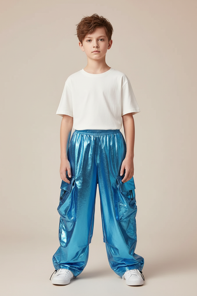 Pantalon Parachute Bleu Brillant Cargo Ample Enfant - Polyester