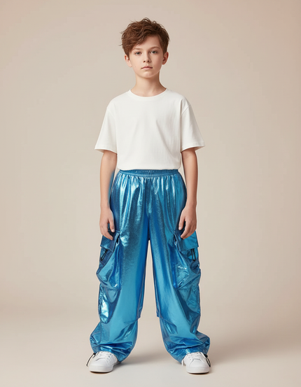 Pantalon Parachute Bleu Brillant Cargo Ample Enfant - Polyester