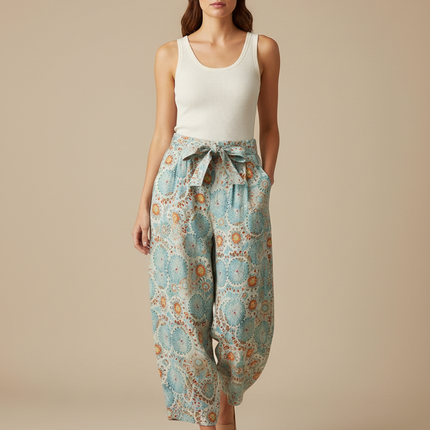 Pantalon Parachute Lin Imprimé Fleuri Ample Taille Haute