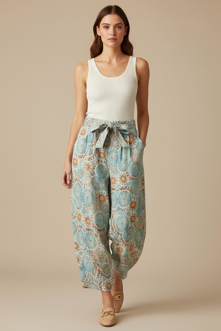 Pantalon Parachute Lin Imprimé Fleuri Ample Taille Haute