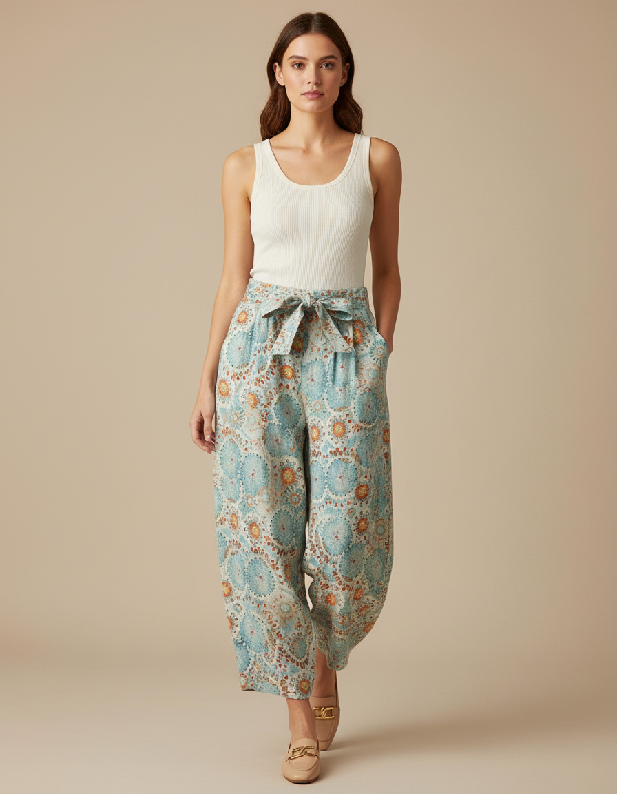 Pantalon Parachute Lin Imprimé Fleuri Ample Taille Haute