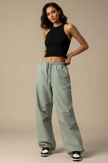 Pantalon Parachute Femme Kaki Baggy - Vert Polyester