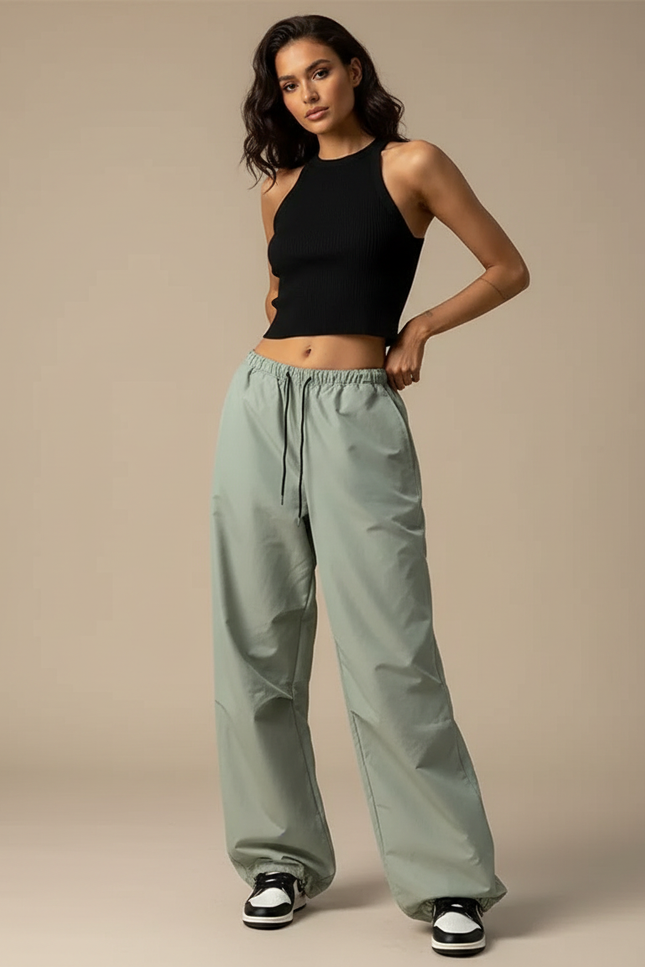 Pantalon Parachute Femme Kaki Baggy - Vert Polyester