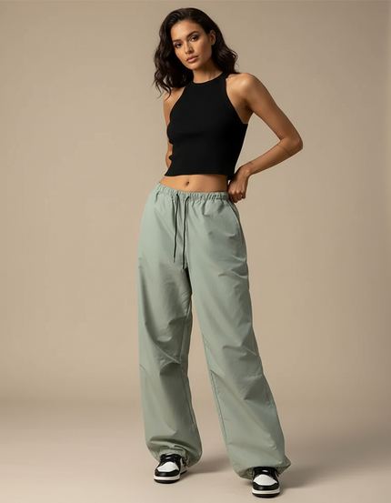Pantalon Parachute Femme Kaki Baggy - Vert Polyester