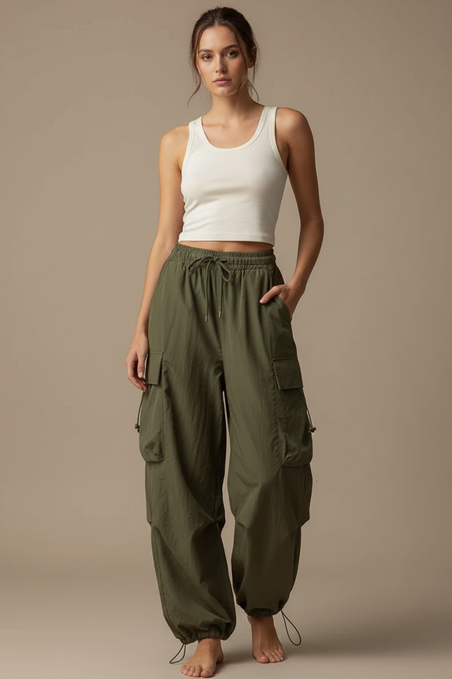Pantalon Parachute Vert Cargo Ample Décontracté Femme - Kaki Polyester
